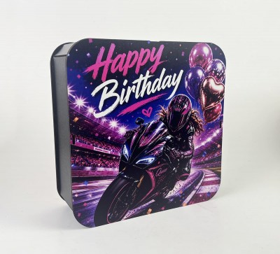 Коробка квадратна "Happy Birthday" з мотоциклісткою