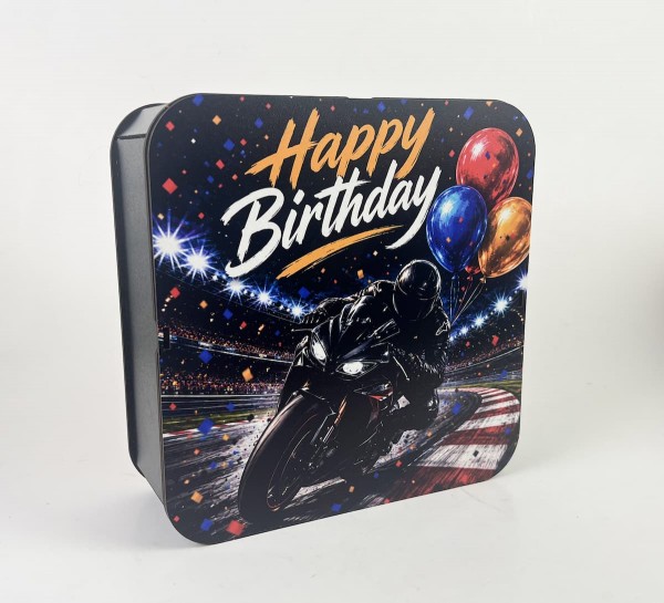 Коробка квадратна "Happy Birthday" з мотоциклістом