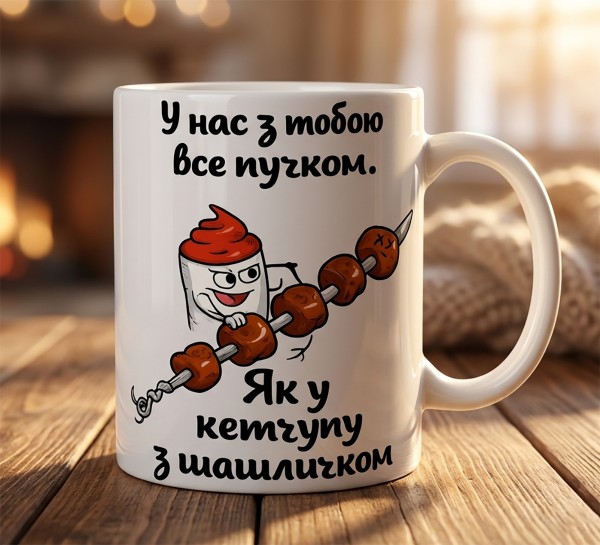 Чашка "У нас з тобою все пучком, як у кетчупу з шашличком" Чашка "У нас з тобою все пучком, як у кетчупу з шашличком"