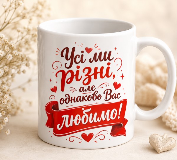 Чашка "Усі ми різні, але однаково Вас любимо!" Чашка "Усі ми різні, але однаково Вас любимо!"