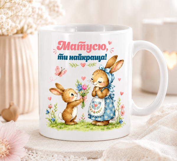 Чашка "Матусю, ти найкраща!" з зайчиками Чашка "Матусю, ти найкраща!" з зайчиками
