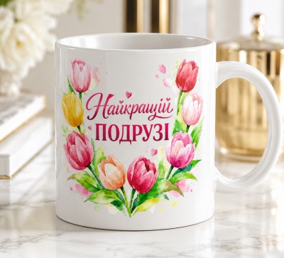 Чашка "Найкращій подрузі" з тюльпанами Чашка "Найкращій подрузі" з тюльпанами
