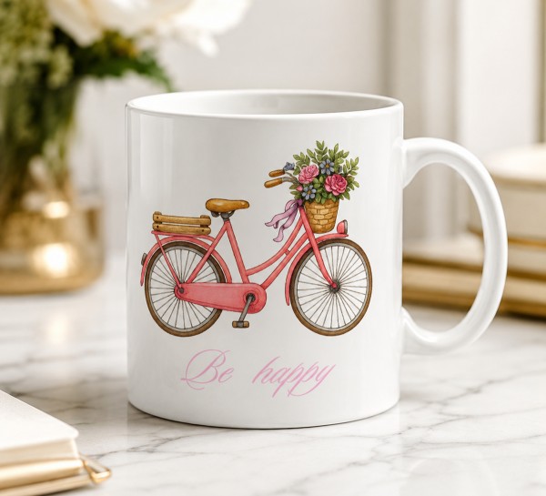 Чашка "Be Happy" з велосипедом і квітами Чашка "Be Happy" з велосипедом і квітами
