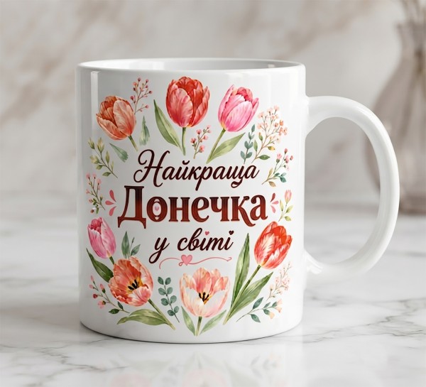 Чашка "Найкраща донечка у світі" з акварельними тюльпанами Чашка "Найкраща донечка у світі" з акварельними тюльпанами