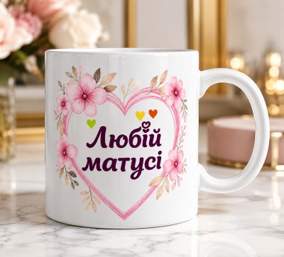 Чашка "Любій матусі" з квітковим серцем Чашка "Любій матусі" з квітковим серцем