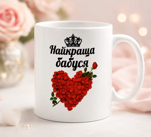 Чашка "Найкраща бабуся" з серцем із троянд Чашка "Найкраща бабуся" з серцем із троянд