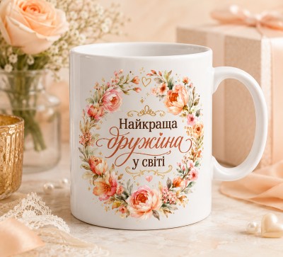 Чашка "Найкраща дружина у світі"з квітами Чашка "Найкраща дружина у світі"з квітами