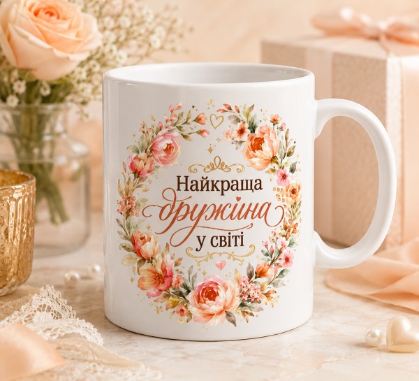Чашка "Найкраща дружина у світі"з квітами Чашка "Найкраща дружина у світі"з квітами