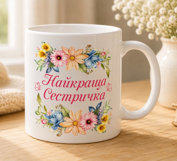 Чашка "Найкраща сестричка" з квітами Чашка "Найкраща сестричка" з квітами