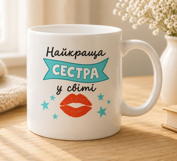 Чашка "Найкраща сестра у світі" з поцілунком Чашка "Найкраща сестра у світі" з поцілунком