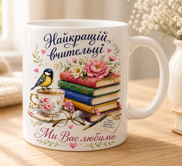 Чашка "Найкращій вчительці. Ми Вас любимо" з книгами та квітами Чашка "Найкращій вчительці. Ми Вас любимо" з книгами та квітами