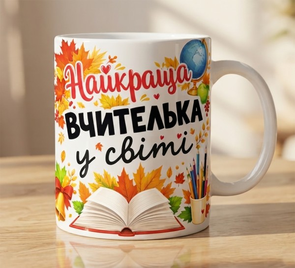 Чашка "Найкраща вчителька у світі" з книгою та осіннім листям Чашка "Найкраща вчителька у світі" з книгою та осіннім листям