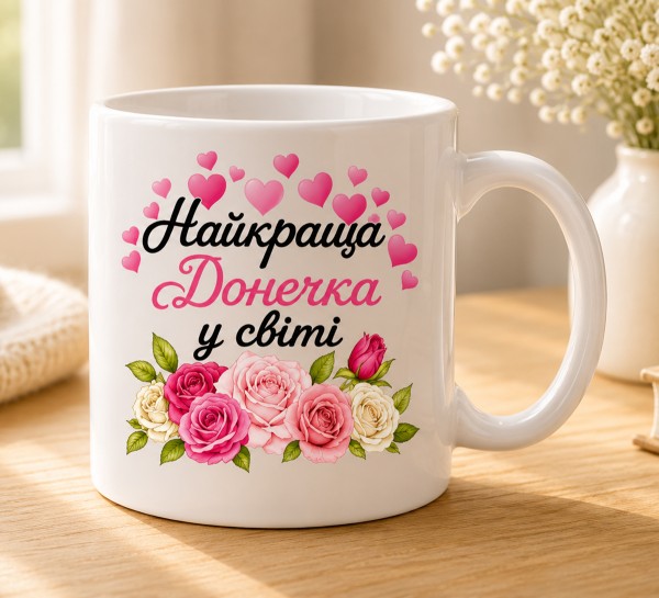 Чашка "Найкраща донечка у світі" з трояндами та сердечками Чашка "Найкраща донечка у світі" з трояндами та сердечками
