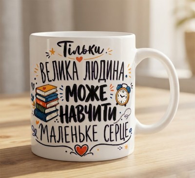 Чашка "Тільки велика людина може навчити маленьке серце"" з книгами та годинником