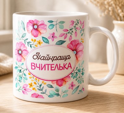 Чашка "Найкраща вчителька" з рожевими квітами