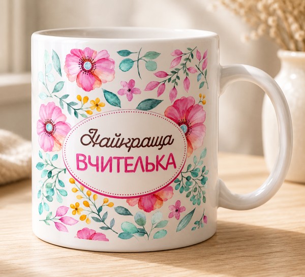 Чашка "Найкраща вчителька" з рожевими квітами
