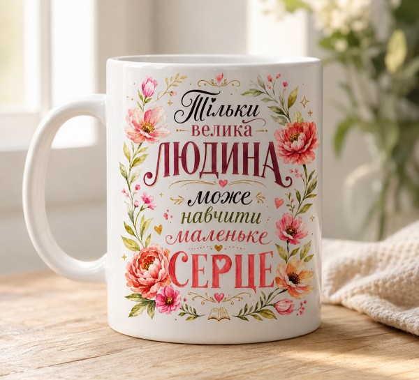 Чашка "Тільки велика людина може навчити маленьке серце" з квітами Чашка "Тільки велика людина може навчити маленьке серце" з квітами