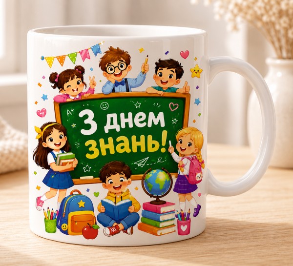 Чашка "З Днем знань!" з учнями та шкільною дошкою Чашка "З Днем знань!" з учнями та шкільною дошкою