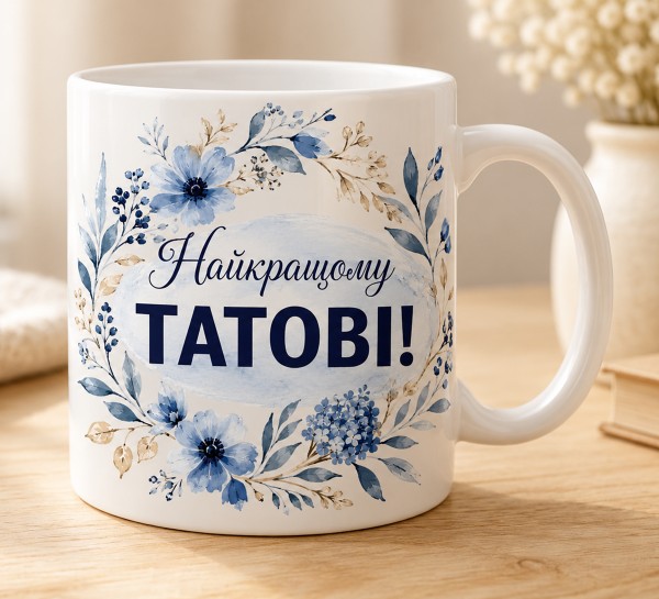 Чашка "Найкращому татові!" з синіми квітами Чашка "Найкращому татові!" з синіми квітами