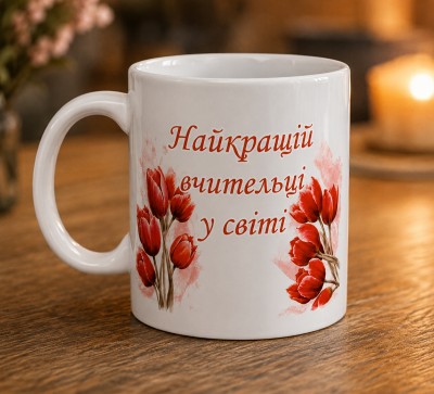 Чашка "Найкращій вчительці у світі"червоні тюльпани