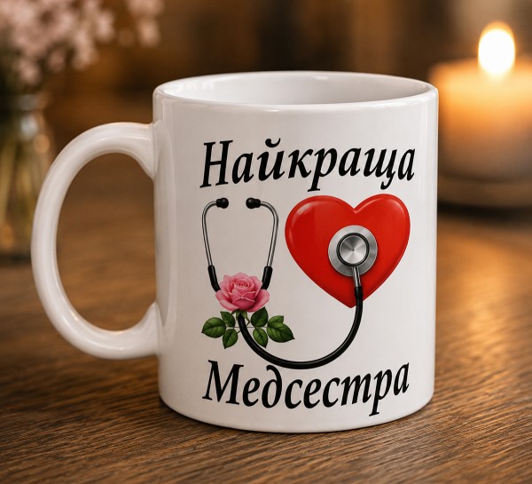 Чашка "Найкраща медсестра"зі стетоскопом і трояндою