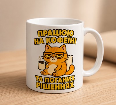 Чашка "Працюю на кофеїні та поганих рішеннях"