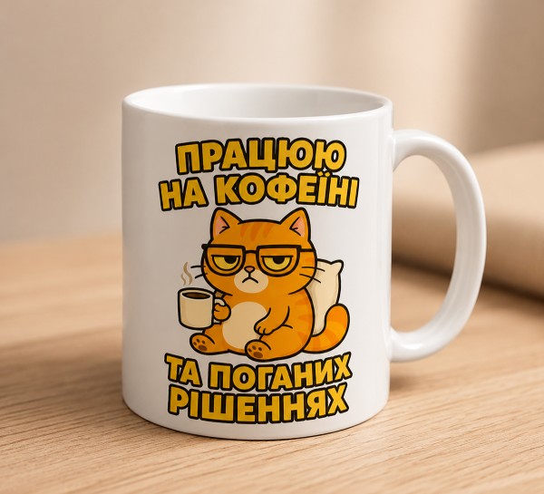 Чашка "Працюю на кофеїні та поганих рішеннях"