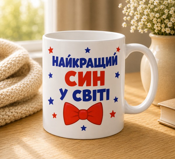 Чашка "Найкращий син у світі" з червоним метеликом Чашка "Найкращий син у світі" з червоним метеликом