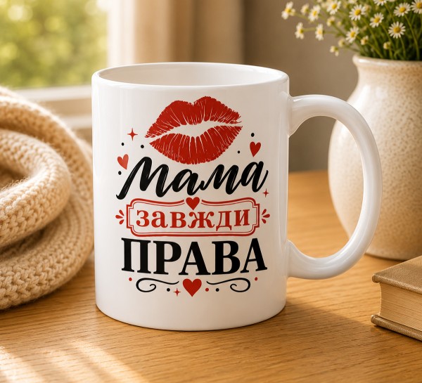 Чашка "Мама завжди права" з поцілунком Чашка "Мама завжди права" з поцілунком