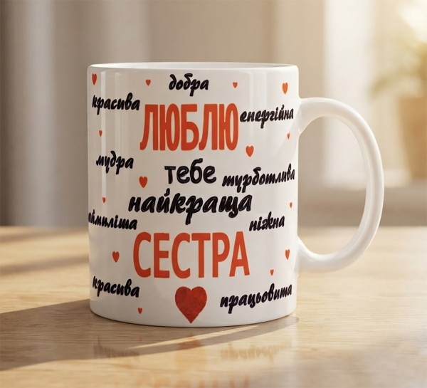 Чашка "Люблю тебе, найкраща сестра" з сердечками
