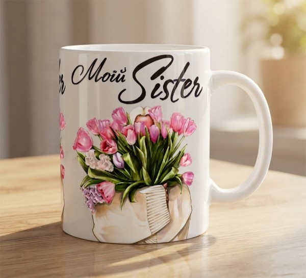 Чашка "Моїй Sister" з рожевими тюльпанами