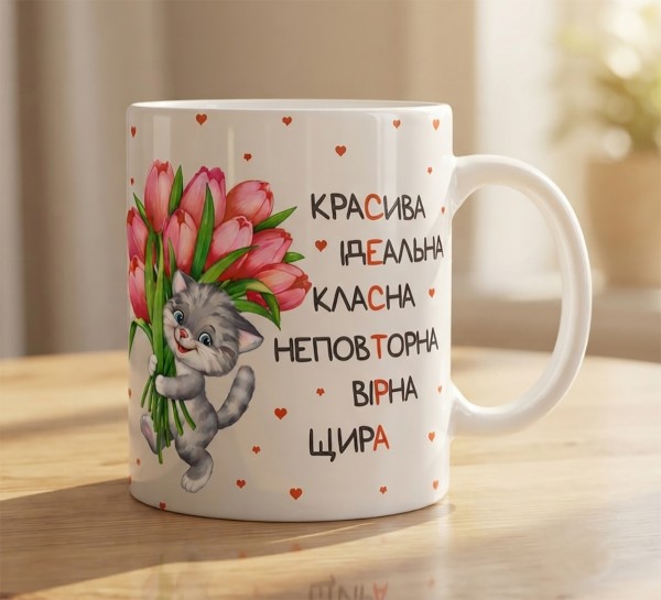 Чашка "Красива, ідеальна, класна, неповторна, вірна, щира"