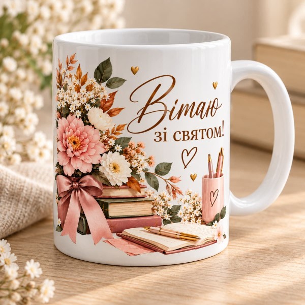 Чашка "Вітаю зі святом!" з квітами та книгами Чашка "Вітаю зі святом!" з квітами та книгами