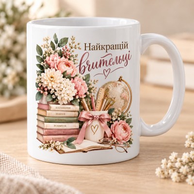 Чашка "Найкращій вчительці" з квітами, книгами