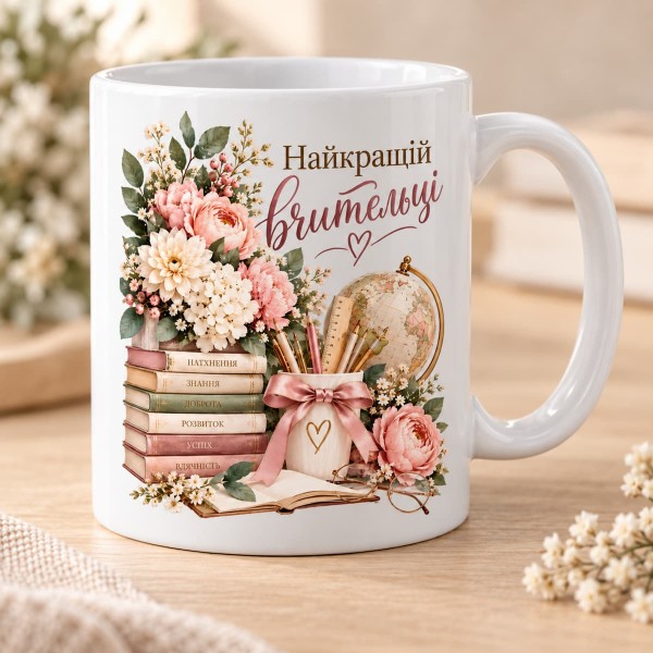Чашка "Найкращій вчительці" з квітами, книгами