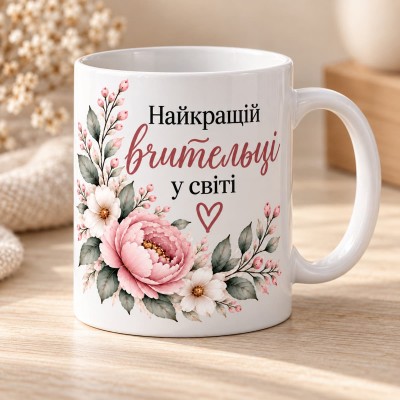 Чашка "Найкращій вчительці у світі" з рожевими квітами