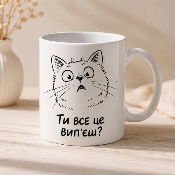Чашка "Ти все це вип’єш?" з кумедним котом Чашка "Ти все це вип’єш?" з кумедним котом
