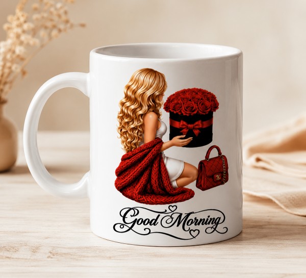 Чашка "Good Morning" з дівчиною та червоними трояндами  