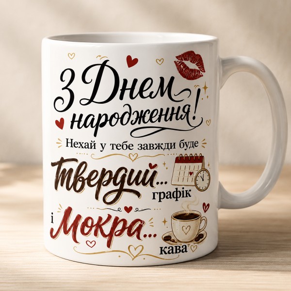 Чашка "З Днем народження! Нехай у тебе завжди буде твердий графік і мокра кава" Чашка "З Днем народження! Нехай у тебе завжди буде твердий графік і мокра кава"