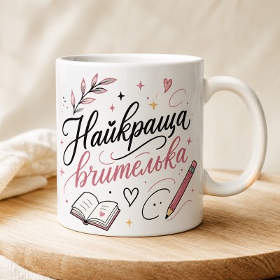 Чашка "Найкраща вчителька" з книгою та олівцем