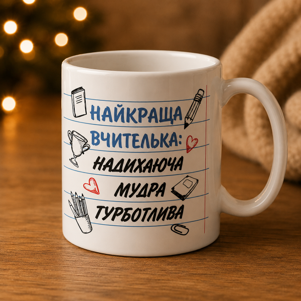 Чашка «Найкраща вчителька» з тематичним принтом
