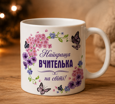 Чашка «Найкраща вчителька на світі!» з квітами та метеликами