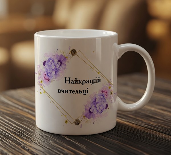 Чашка "Найкращій вчительці"з гортензіями Чашка "Найкращій вчительці"з гортензіями