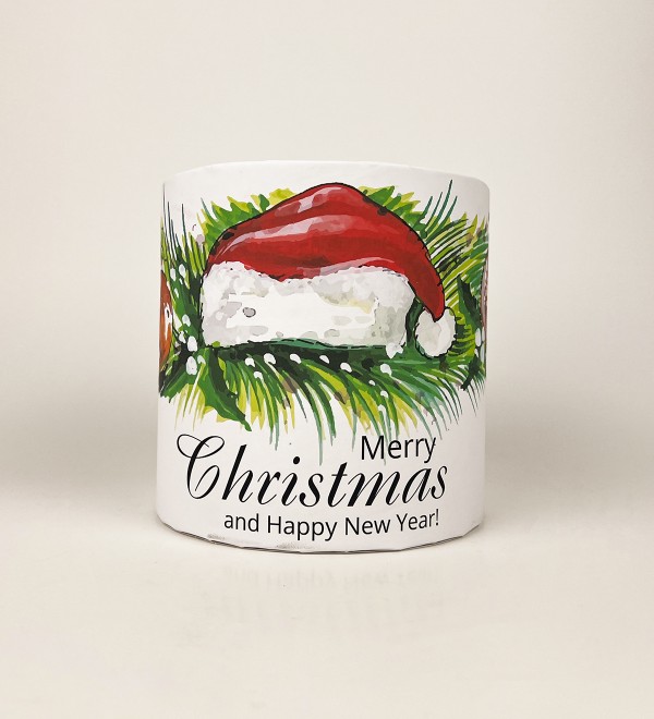 Коробка кругла 15х15 "Merry Christmas and Happy New Year" червона шапка