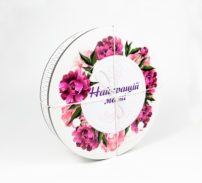 Коробка кругла "Найкращій мамі" піони,з перегородками