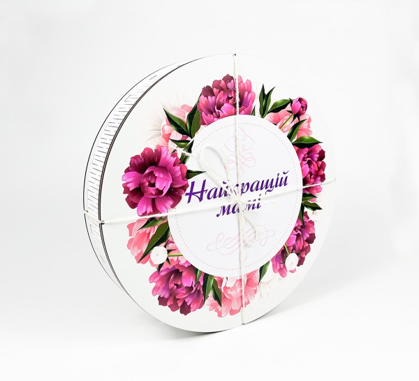Коробка кругла "Найкращій мамі" піони,з перегородками