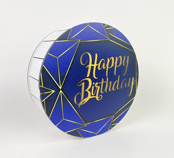 Коробка кругла "Happy Birthday" синя з золотим дизайном Коробка кругла "Happy Birthday" синя з золотим дизайном