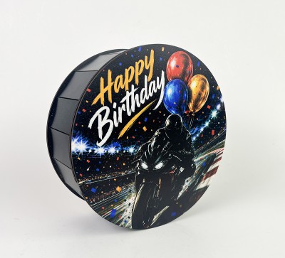 Коробка чорна кругла "Happy Birthday" з мотоциклом Коробка чорна кругла "Happy Birthday" з мотоциклом