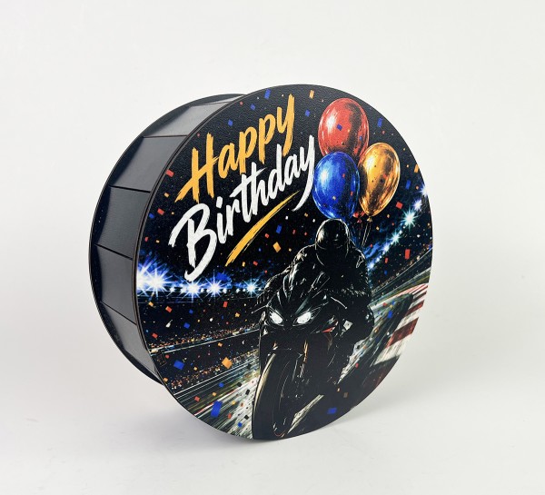 Коробка чорна кругла "Happy Birthday" з мотоциклом Коробка чорна кругла "Happy Birthday" з мотоциклом