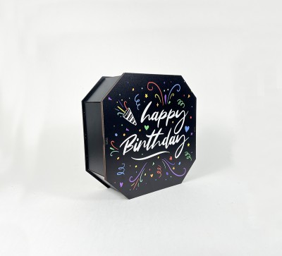 Коробка восьмикутна,чорна  "Happy Birthday"святковий феєрверк,1